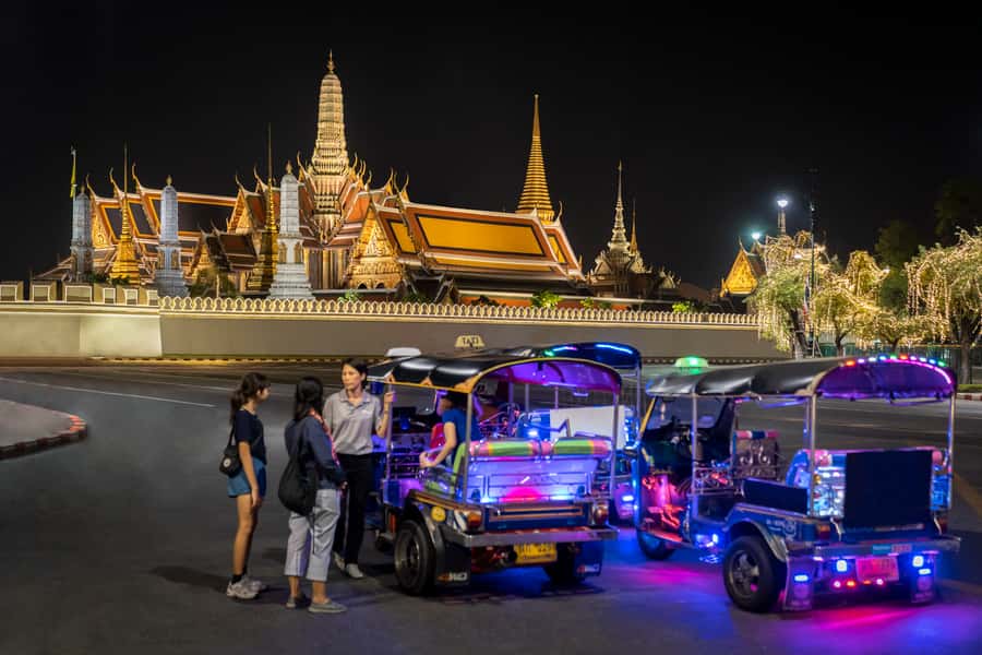 Bangkok Street Food and Night Lights by Tuk Tuk - Grand Palace Lights and the View Across the River